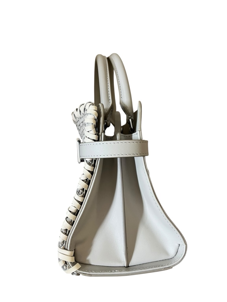 Woven Top-Handle Satchel In Light Gray And Cream — image 3 of 8